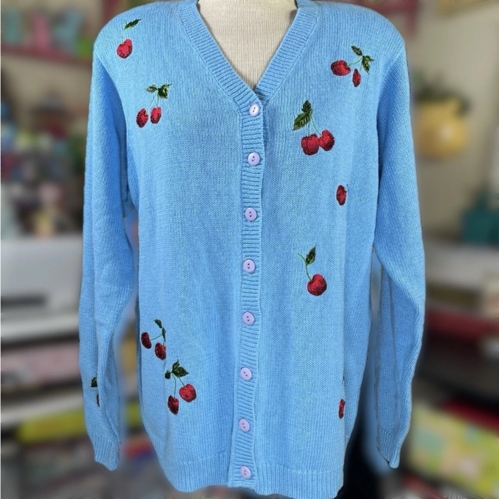 Quaker factory blue knit cherry embroidered bead sweater cardigan 
130$ casual